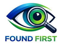 A blue-green eye and a magnifying glass together with Found First written below